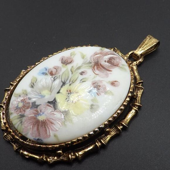 Vintage Floral Porcelain Oval Pendant, Bamboo Design Frame, No Chain, 2 3/8 Inch - Picture 7 of 10